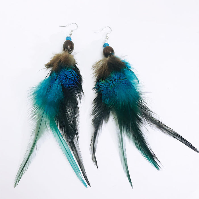 Creative Bohemian Vintage Peacock Feather Earrings with Ethnic Beads Design