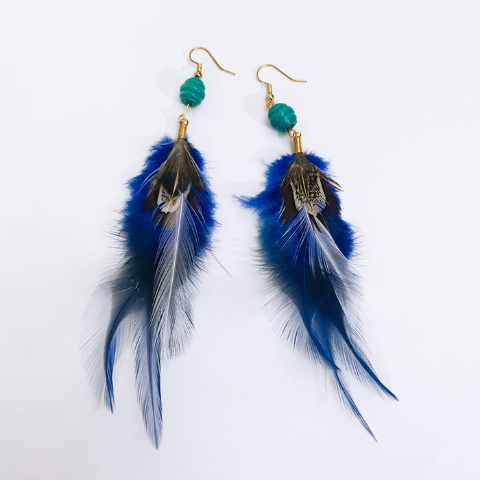 Creative Bohemian Vintage Peacock Feather Earrings with Ethnic Beads Design