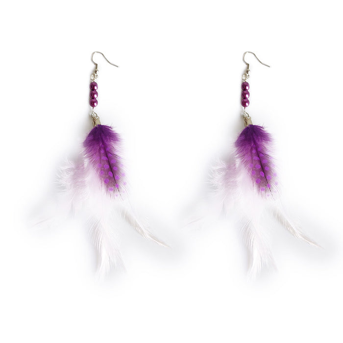 Bohemian White Feather Earrings with Purple Beads and Ethnic Style