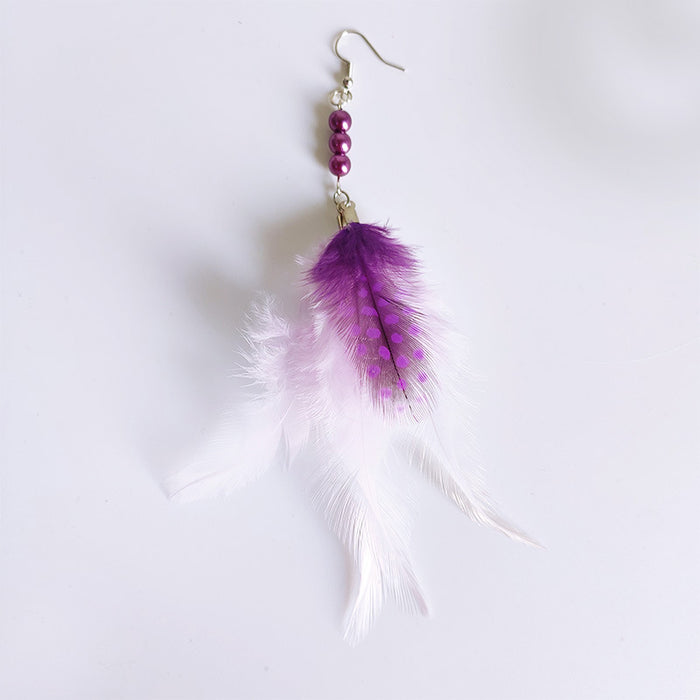 Bohemian White Feather Earrings with Purple Beads and Ethnic Style