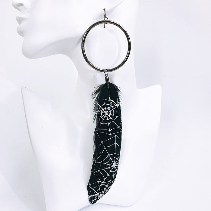 Halloween Vintage Feather Earrings with Skull and Spider Web Metal Hoop Design