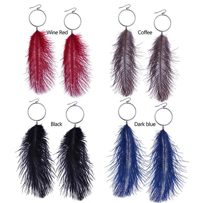 Bohemian Long Feather Earrings with Large Metal Hoop Design