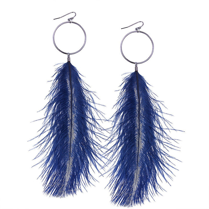 Bohemian Long Feather Earrings with Large Metal Hoop Design