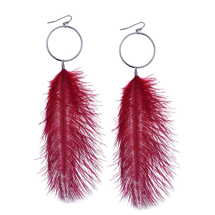 Bohemian Long Feather Earrings with Large Metal Hoop Design