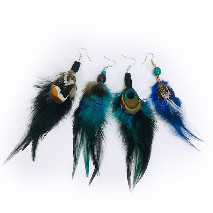 Creative Bohemian Vintage Peacock Feather Earrings with Ethnic Beads Design