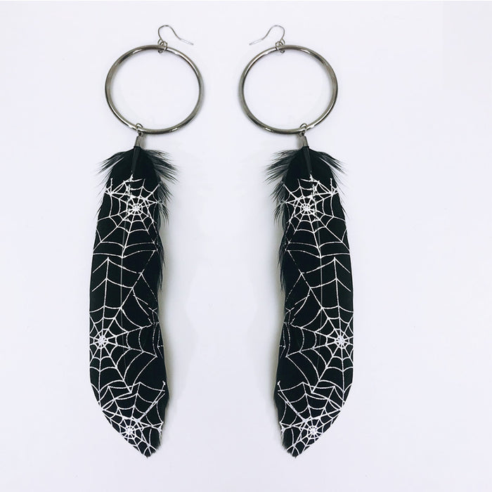 Halloween Vintage Feather Earrings with Skull and Spider Web Metal Hoop Design