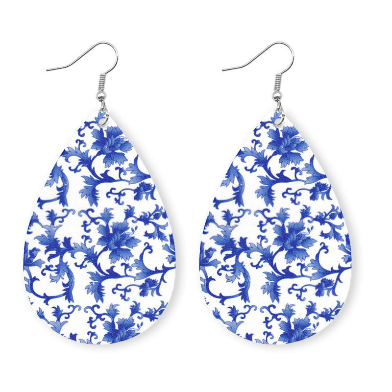 Colorful Porcelain Leather Earrings with Chinese Ethnic Style