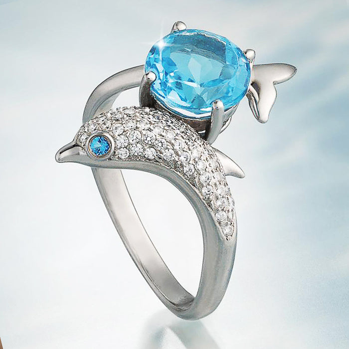 Dolphin shape inlaid sapphire zircon ladies ring European and American ring