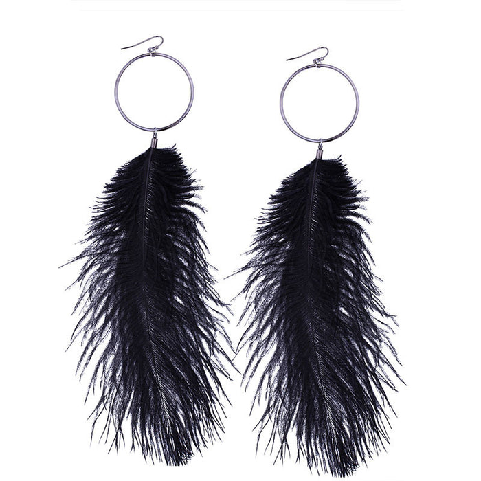 Bohemian Long Feather Earrings with Large Metal Hoop Design