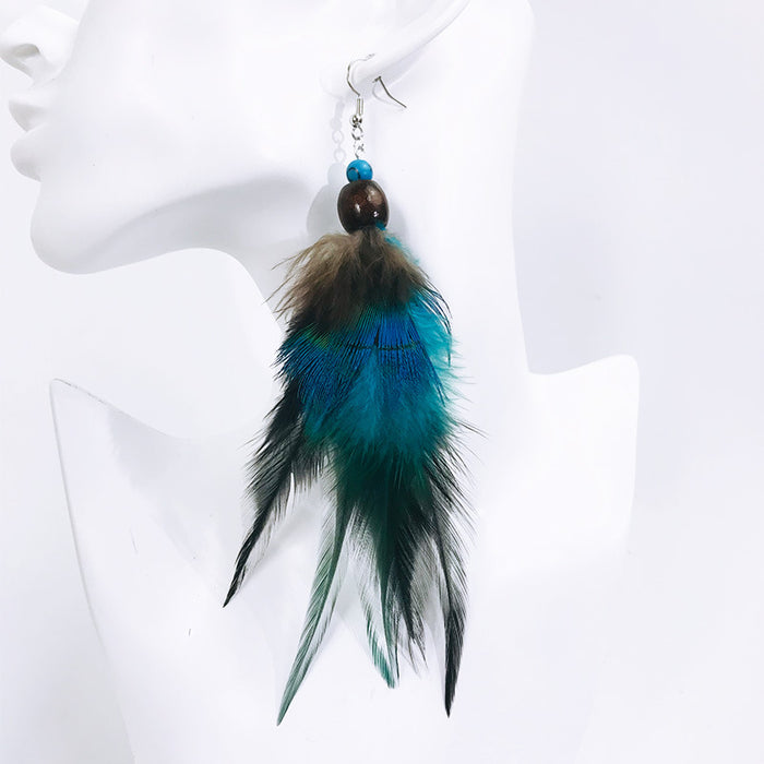 Creative Bohemian Vintage Peacock Feather Earrings with Ethnic Beads Design