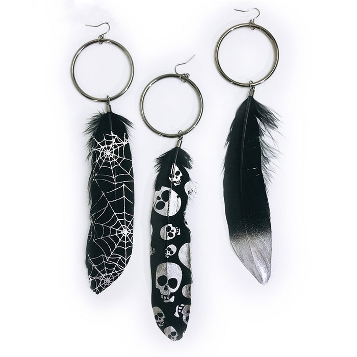 Halloween Vintage Feather Earrings with Skull and Spider Web Metal Hoop Design