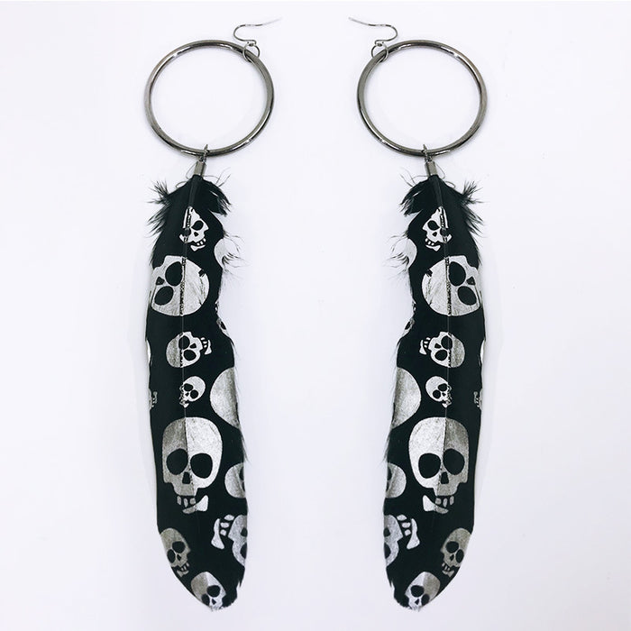 Halloween Vintage Feather Earrings with Skull and Spider Web Metal Hoop Design