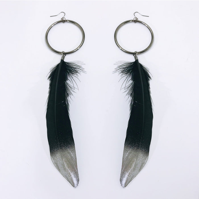 Halloween Vintage Feather Earrings with Skull and Spider Web Metal Hoop Design