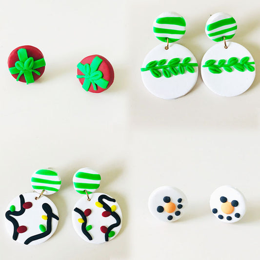 Green Gift Box and Snowman Clay Earrings - DIY Christmas Knot and Leaf Design