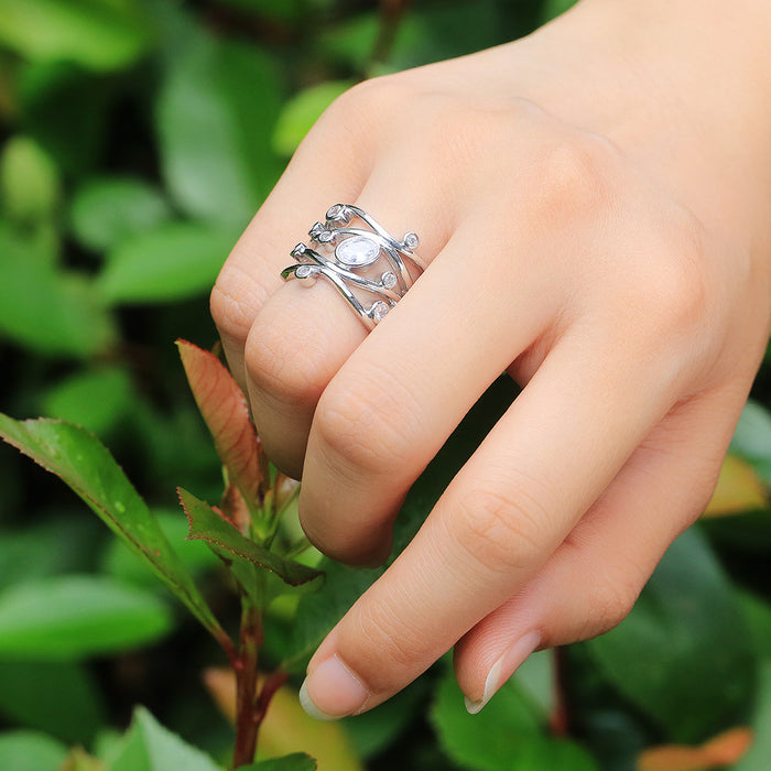 Geometric Curve Zirconia Ring Copper Plated White Gold Ring