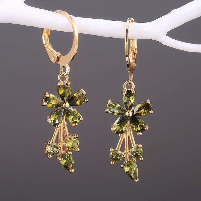 Pendientes florales de moda para damas OL, pendientes de cobre con incrustaciones de circonitas galvanizadas