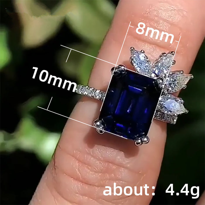 Anillo floral de lujo para mujer, joyería de circonita y diamante azul