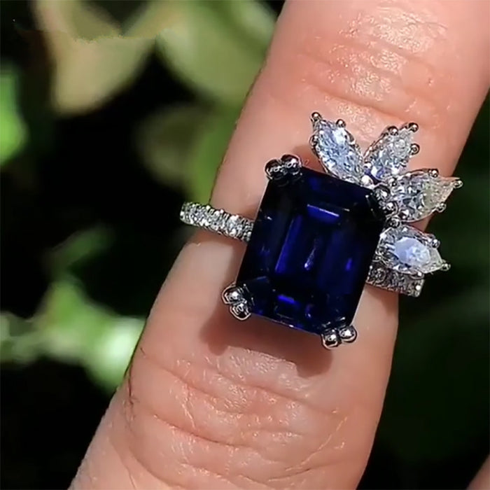 Anillo floral de lujo para mujer, joyería de circonita y diamante azul