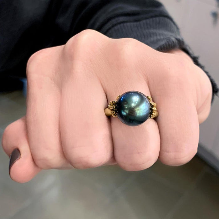 Anillo de imitación de perla negra para damas de moda, joyería chapada en dos tonos