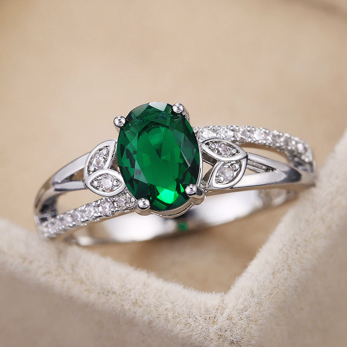 Women's ring with emerald green zircon copper plated white gold ring