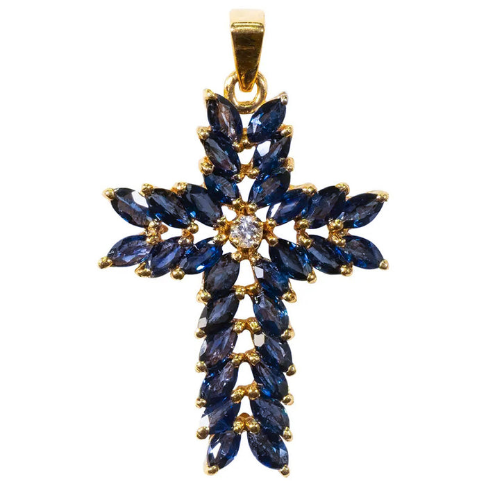 Cross Pendant with Blue Crystal Necklace Vintage Jewelry