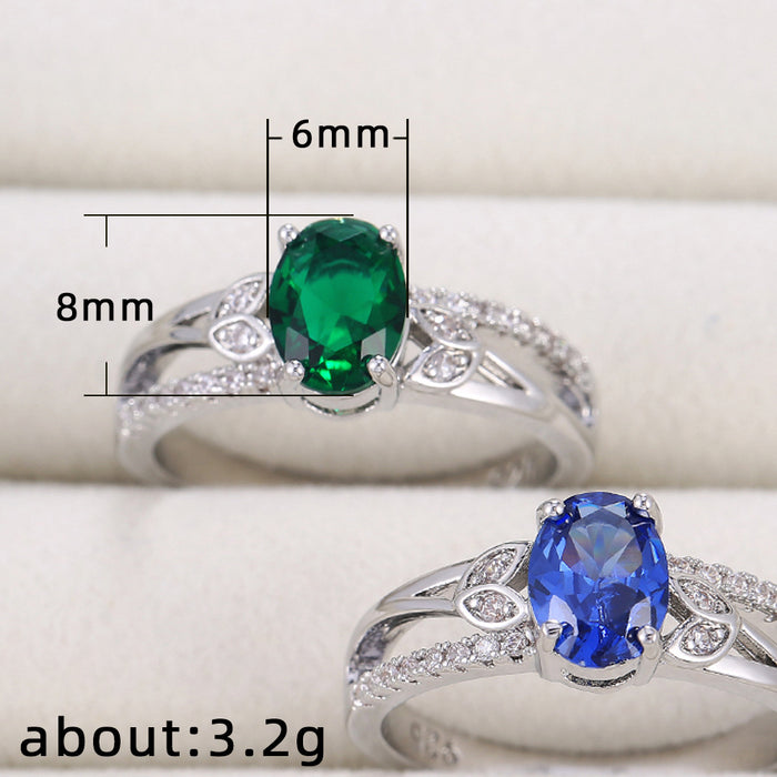 Women's ring with emerald green zircon copper plated white gold ring