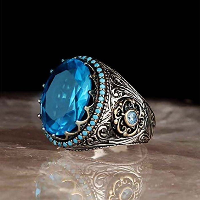 Anillo grande de piedra preciosa azul redonda para mujer