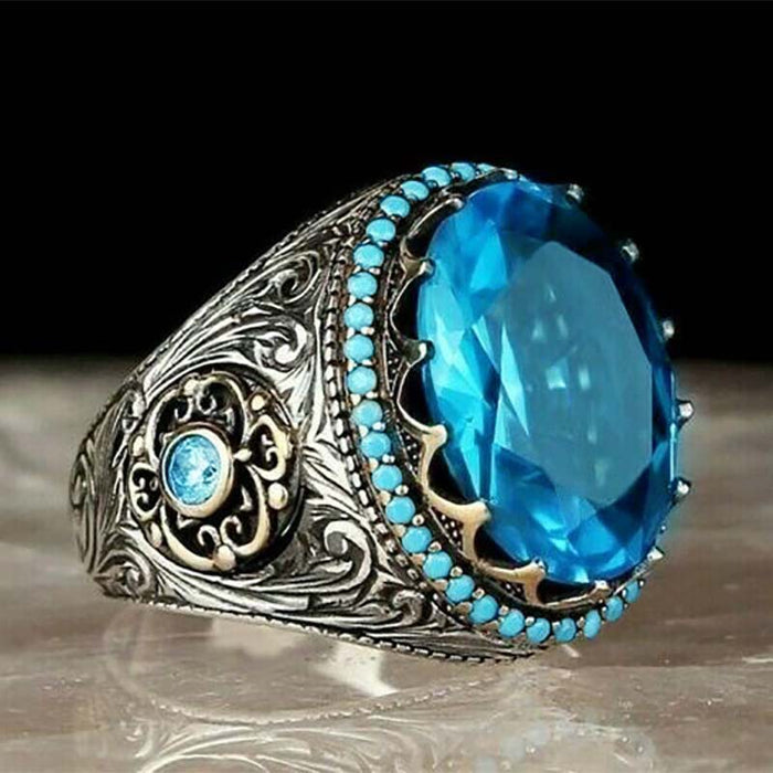 Anillo grande de piedra preciosa azul redonda para mujer