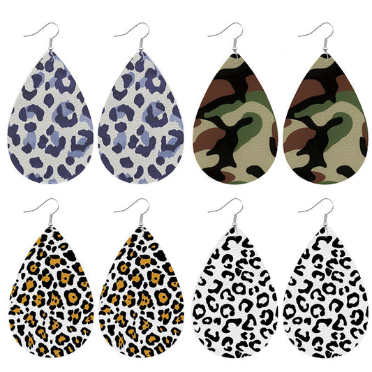 Leopard Print Leather Teardrop Earrings with Camouflage and Animal Print Designs