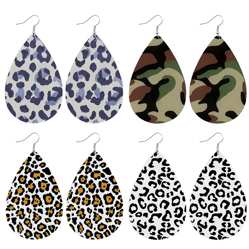 Leopard Print Leather Teardrop Earrings with Camouflage and Animal Print Designs - wallojewerly 