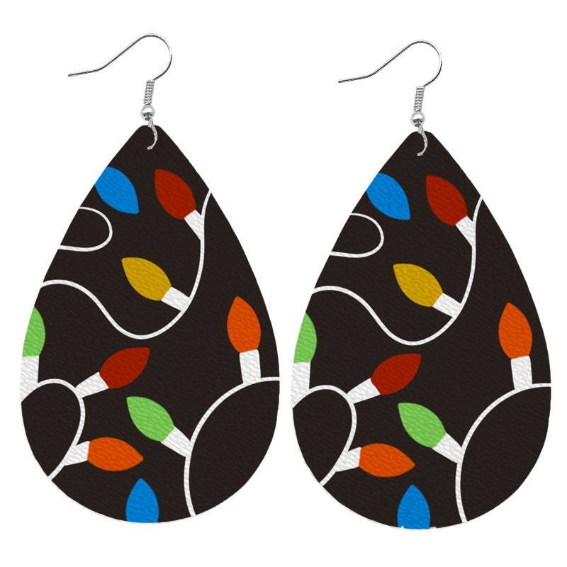 Christmas Themed Leather Earrings with Christmas Tree, Lights, and Reindeer Design