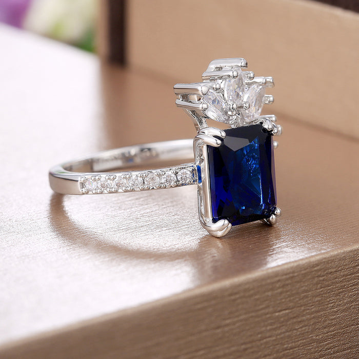 Anillo floral de lujo para mujer, joyería de circonita y diamante azul