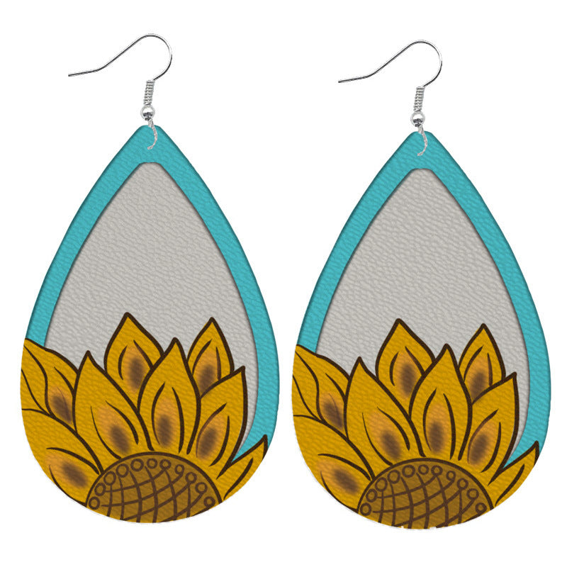 Christmas Teacher Gift Leather Earrings with Faux Embossed Sunflower Teardrop Design