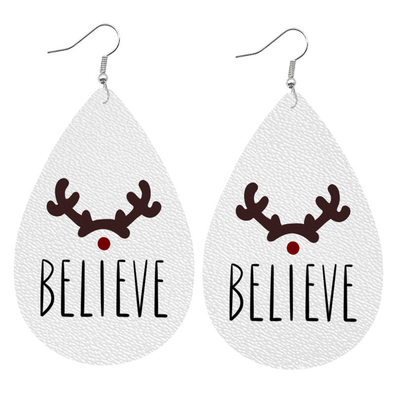 Christmas Themed Leather Earrings with Christmas Tree, Lights, and Reindeer Design