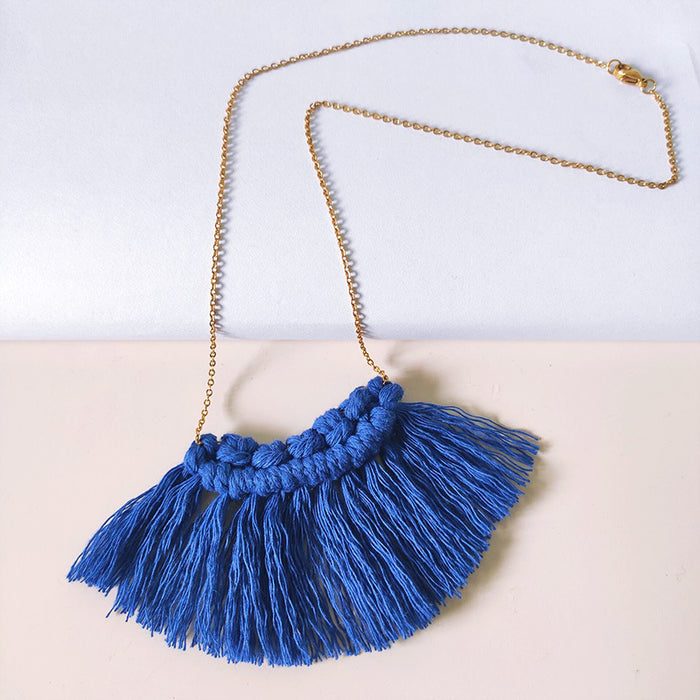 Handmade Bohemian Tassel Necklace with Cotton Thread and Stainless Steel Chain - Simple and Stylish Fashion Statement