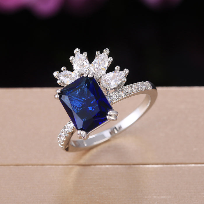 Anillo floral de lujo para mujer, joyería de circonita y diamante azul