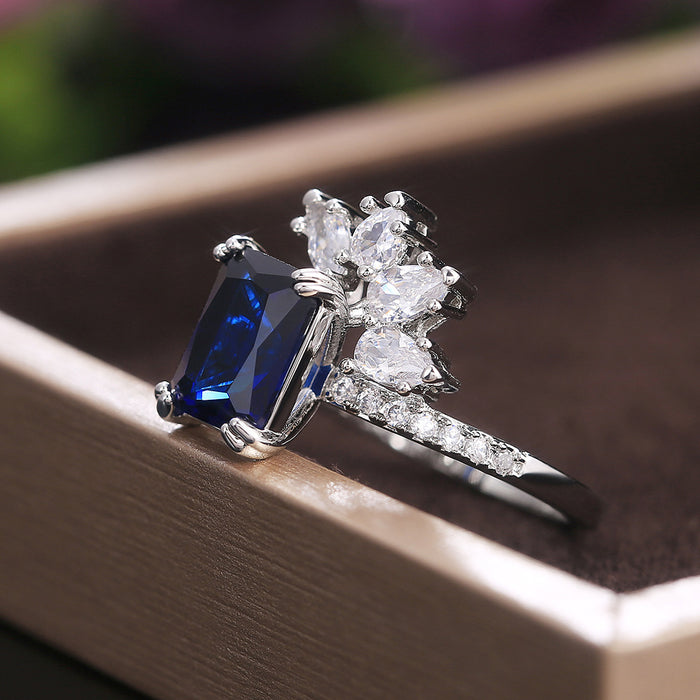 Anillo floral de lujo para mujer, joyería de circonita y diamante azul