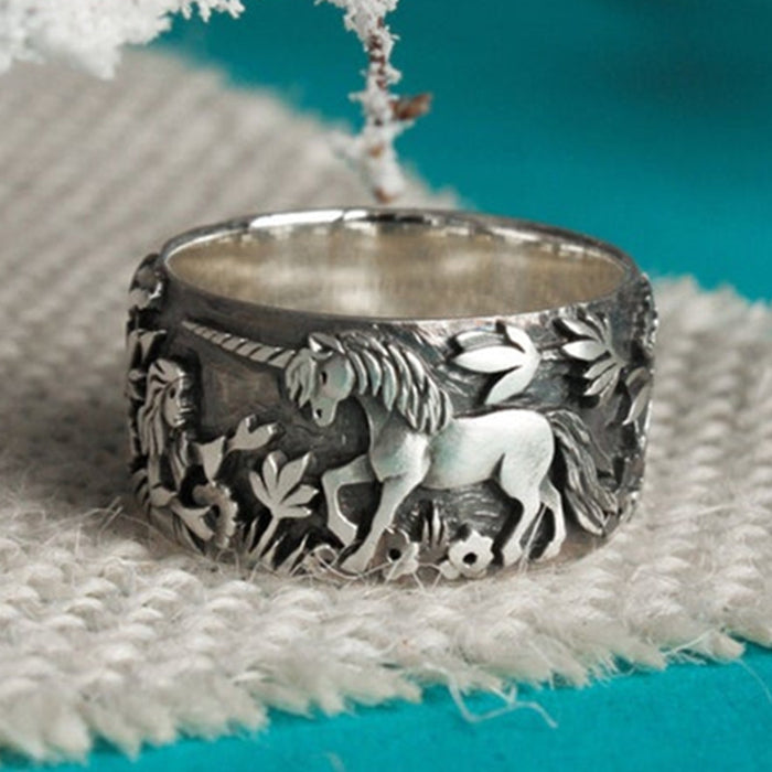 Unicorn and rabbit fairy tale ring cute retro style