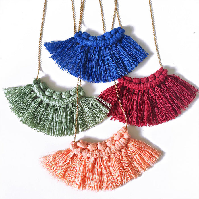 Handmade Bohemian Tassel Necklace with Cotton Thread and Stainless Steel Chain - Simple and Stylish Fashion Statement