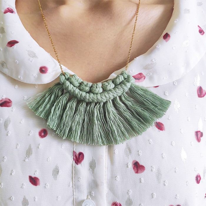 Handmade Bohemian Tassel Necklace with Cotton Thread and Stainless Steel Chain - Simple and Stylish Fashion Statement