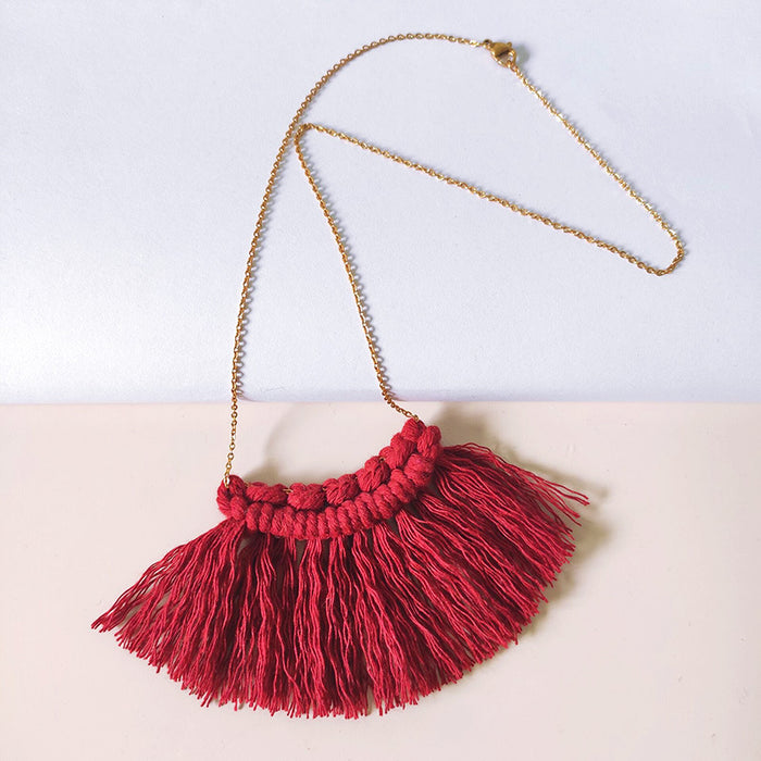 Handmade Bohemian Tassel Necklace with Cotton Thread and Stainless Steel Chain - Simple and Stylish Fashion Statement