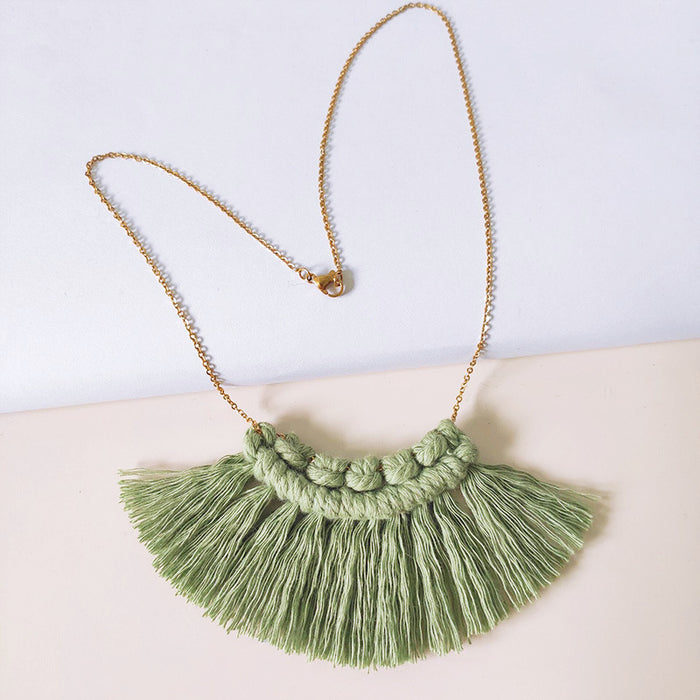 Handmade Bohemian Tassel Necklace with Cotton Thread and Stainless Steel Chain - Simple and Stylish Fashion Statement