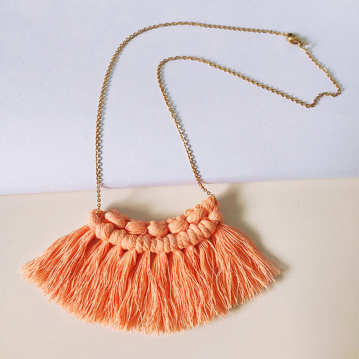 Handmade Bohemian Tassel Necklace with Cotton Thread and Stainless Steel Chain - Simple and Stylish Fashion Statement