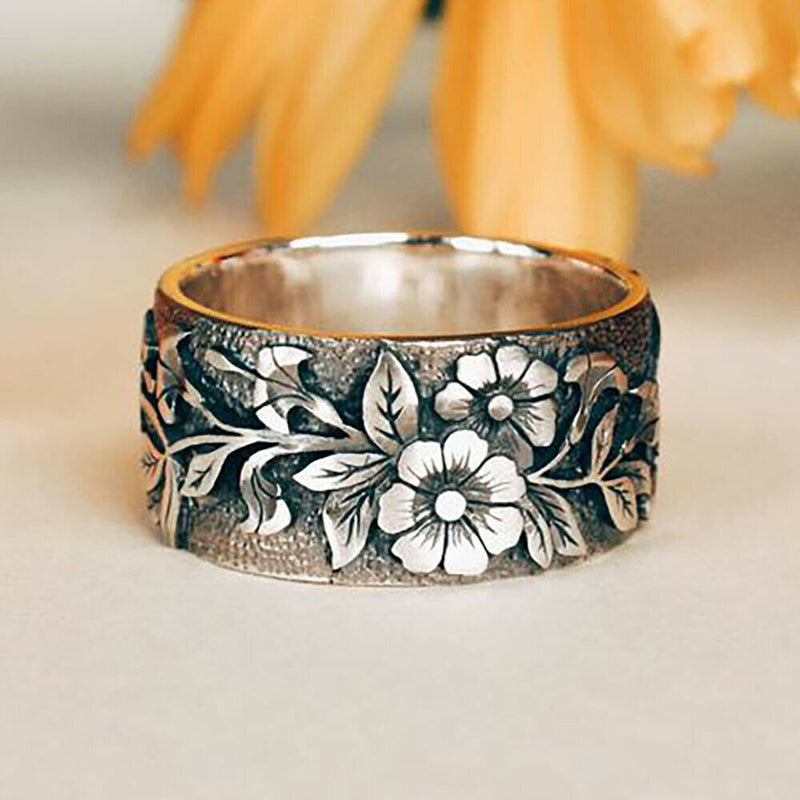 Anillo con paisaje pastoral de vid de flores, accesorios de estilo natural