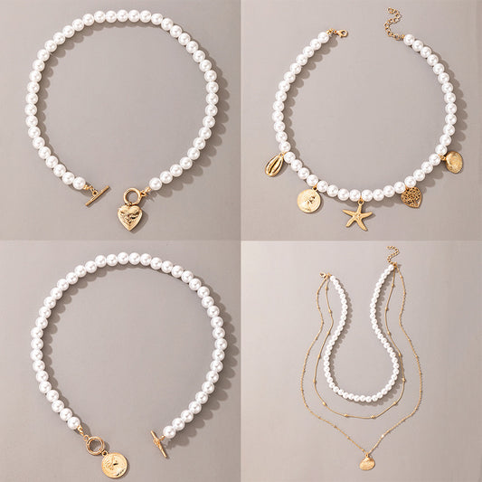 Fashionable Coin Short Necklace and Bracelet Set - Pearl Jewelry for Women