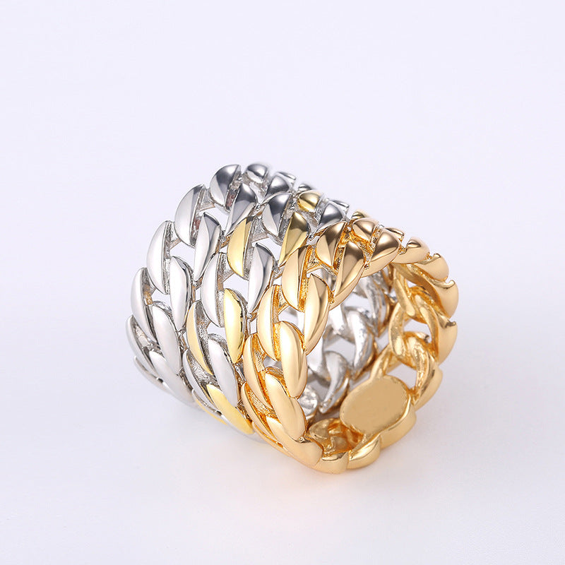 Anillo de cadena de dos tonos bañado en cobre, anillo de hombre punk de moda europea y americana
