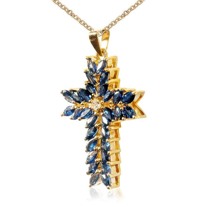 Cross Pendant with Blue Crystal Necklace Vintage Jewelry