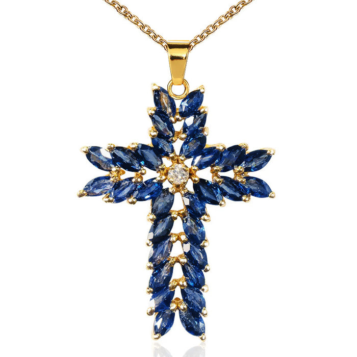 Cross Pendant with Blue Crystal Necklace Vintage Jewelry