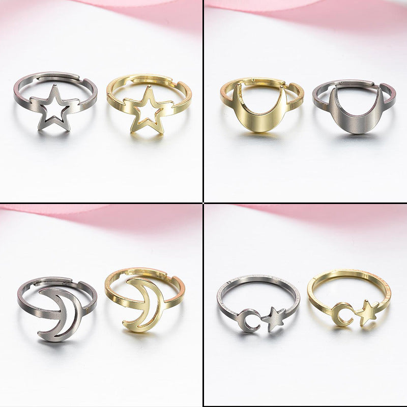 Japanese and Korean simple stainless steel star and moon ring, sweet crescent girl ring wholesale