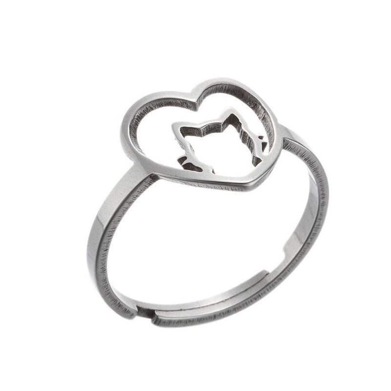 Korean simple hollow geometric love ring, girls cute pet cat ring wholesale - wallojewerly 